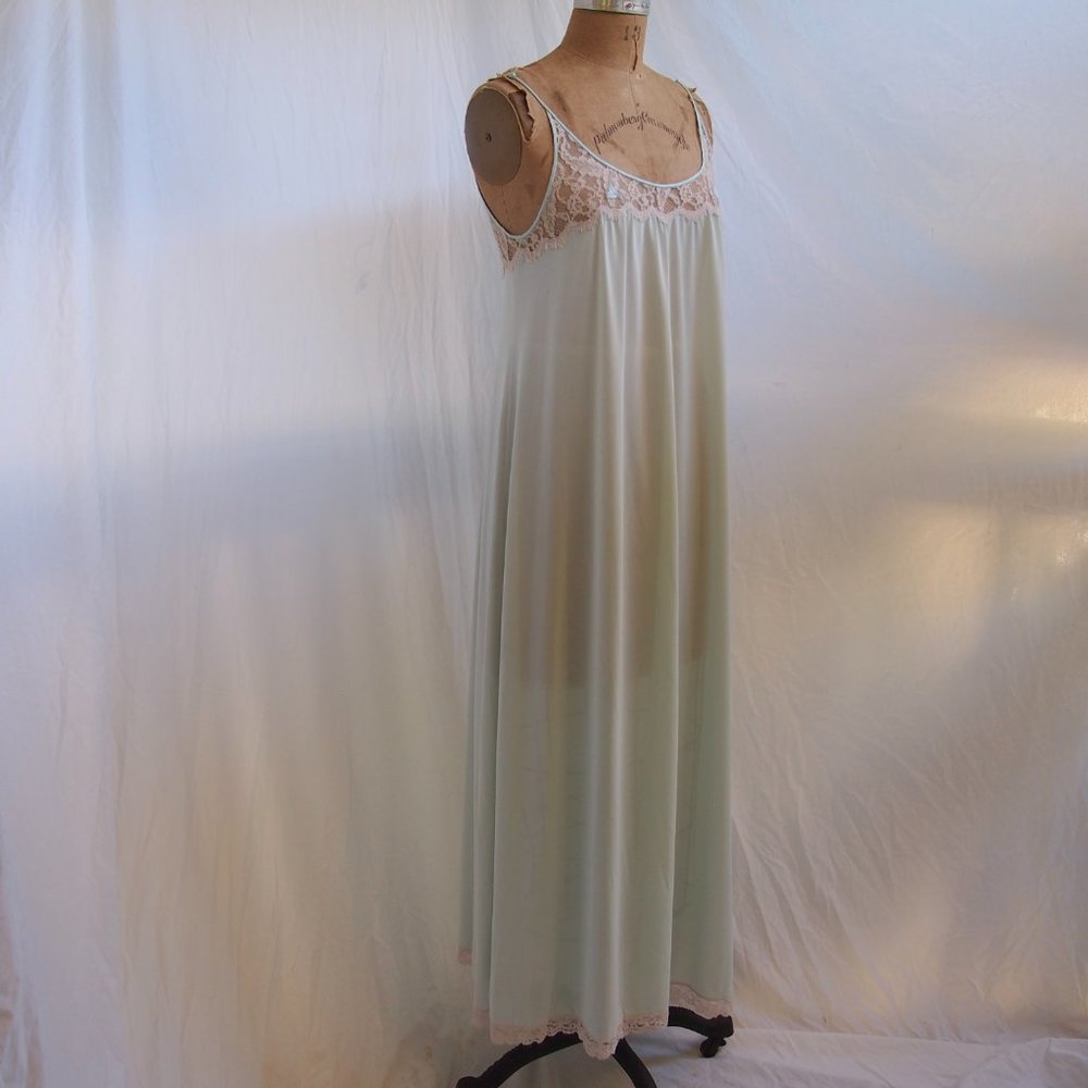 vtg 70s LUCIE ANN Claire Sandra Green Full Sweep Nightgown Beverly Hills LACE M - Picture 3 of 11